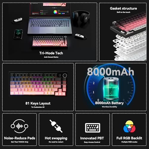 Gurjot Wireless Mechanical Keyboard,75% Hot Swappable Keyboard with Knob,8000mAH Battery RGB Backlit,Side Printed PBT Keycaps,2.4GHz/USB-C/BT5.0 Mechanical Gaming Keyboards, Black&Pink - color: Pink Black
