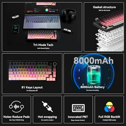 Gurjot Wireless Mechanical Keyboard,75% Hot Swappable Keyboard with Knob,8000mAH Battery RGB Backlit,Side Printed PBT Keycaps,2.4GHz/USB-C/BT5.0 Mechanical Gaming Keyboards, Black&Pink - color: Pink Black