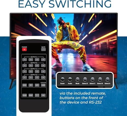 OREI 4x4 HDMI Matrix Switch 4K@30Hz Audio Extract RS-232 PIP EDID OSD 3.5mm | 4x4 Video Wall Controller – 10.2Gbps, Built-in Scaler, Seamless Switching, Optical & 3.5mm Audio Out, LPCM/AC3/DTS