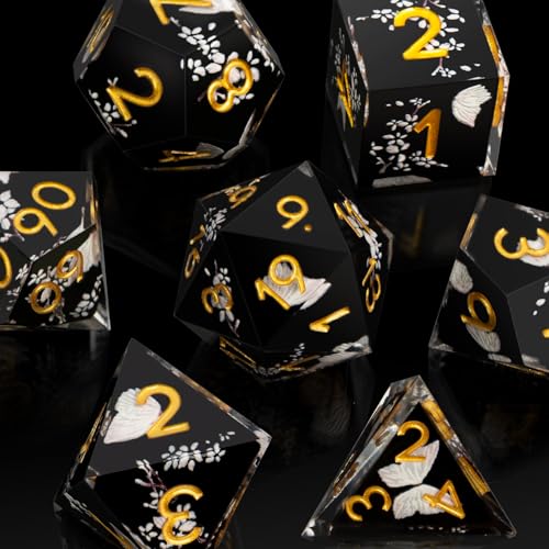DND Polyhedral Dice Set for Role Playing Gaming with Box, Sticker Sharp Edged Polyhedral Resin DND Dice Set with Beauty Butterfly ＆ Flower Image, D% D20 D12 D10 D8 D6 D4 Dice RPG MTG Gift(Black) - color: Black, style: Butterfly