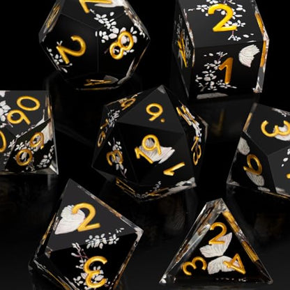 DND Polyhedral Dice Set for Role Playing Gaming with Box, Sticker Sharp Edged Polyhedral Resin DND Dice Set with Beauty Butterfly ＆ Flower Image, D% D20 D12 D10 D8 D6 D4 Dice RPG MTG Gift(Black) - color: Black, style: Butterfly