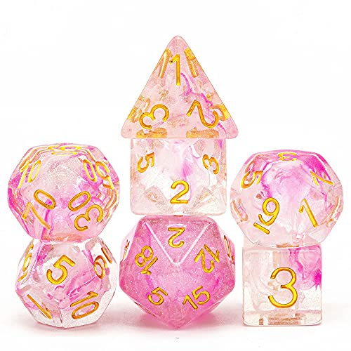 UDIXI 7PCS Glitter DND Dice Set Resin RPG Polyhedral Dice Set for D&D | Pink & White Swirl, Gold Number, Velvet Dice Bag Packaging, for Dungeons and Dragons Role Playing Games and Tabletop Games - color: Pink White