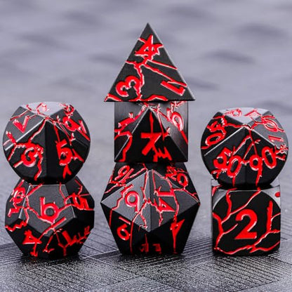 D&D Metal Dice - Sharp Edge Set with Cracks - Polyhedral for D&D RPG & Dungeons and Dragons - color: Matt Black Red