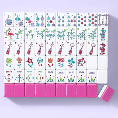 160 Engraved American Mahjong Tiles Set with Carrying Bag and Accessories, 1.2’’ Mahjong Tile Set - color: Magenta