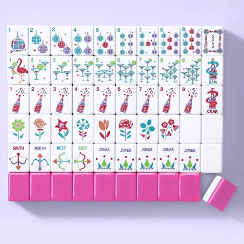 160 Engraved American Mahjong Tiles Set with Carrying Bag and Accessories, 1.2’’ Mahjong Tile Set - color: Magenta