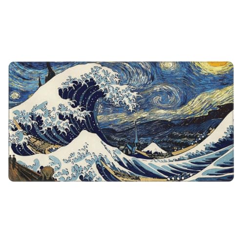 MTG Playmat Painting Starry Night Wave TCG Play Mat Original Hand-Painted Smooth Surface Stitched Edges Non-Slip Rubber Base for Trading Card Games Board Games 23.5x13.8in