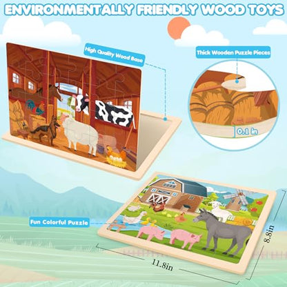 4-in-1 Farm Wooden Puzzles for Kids Ages 4-6, 24 PCS Wooden Jigsaw Puzzles for Toddlers Ages 3-5, Preschool Educational Puzzles Boards Toys Gifts for 3 4 5 6 Boys Girls - style: Farm