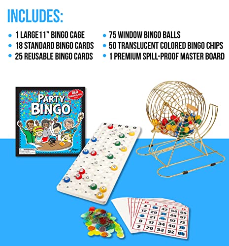 Regal Bingo Gold Professional Bingo Game Set with 11" Wheel Cage, 75 Bingo Balls, Master Board, 18 Bingo Cards & 25 Jumbo Reusable Cards, and Colorful Chips - Bingo Games for Adults Large Group - color: Professional Gold