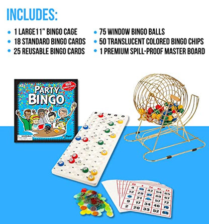Regal Bingo Gold Professional Bingo Game Set with 11" Wheel Cage, 75 Bingo Balls, Master Board, 18 Bingo Cards & 25 Jumbo Reusable Cards, and Colorful Chips - Bingo Games for Adults Large Group - color: Professional Gold