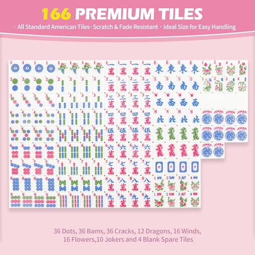Jolitac American Mahjong Game Set, 166 Premium Tiles, Mahjong Tile Set with Sturdy Carrying Bag, Include Chips & Dice – Portable Travel Complete Mahjong Set for Adults & Beginners - color: Pink