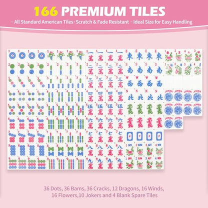 Jolitac American Mahjong Game Set, 166 Premium Tiles, Mahjong Tile Set with Sturdy Carrying Bag, Include Chips & Dice – Portable Travel Complete Mahjong Set for Adults & Beginners - color: Pink