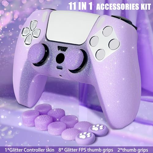 Purple Glitter Silicone Protective Case for PS5 Controller, Sparkly Bling Soft Cover Skins, Includes 8-in-1 Glitter Thumb Grip Caps + 2 Cat Paw Caps – Shockproof Dustproof Anti-Slip - color: Purple