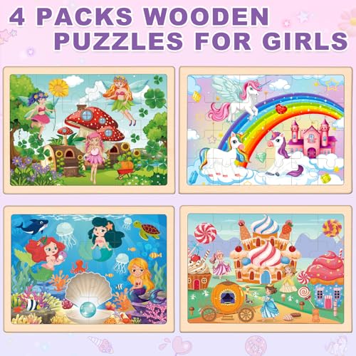Puzzles for Kids Ages 4-6, 4 Packs Wooden Jigsaw Puzzles for Toddlers 2-4, Princess Unicorn Mermaid Fairy Preschool Educational Puzzles Boards Toys Gifts for Girls Boys 3 4 5 6 - style: Princess