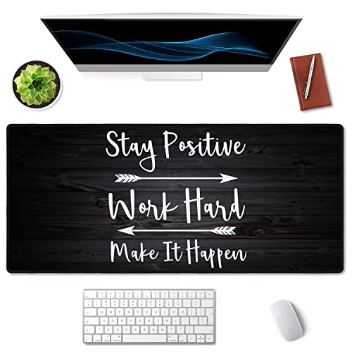 Extended Gaming Mouse Pad (35.5x15.7 in), Stay Positive Work Hard and Make It Happen Inspirational Quotes Art Rustic Black Old Wood White Quote Large Stable Rubber Base Mousepad with Stitched Edges - color: Stay Positive Quote