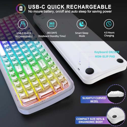 Wireless Computer Keyboard with RGB Backlit, Tri-Mode Bluetooth 5.0/USB-C/2.4GHz Ergonomic Gaming Keyboard - Full-Size Rechargeable Transparent Keycap for Laptop/Windows/PC - White - color: 732 White