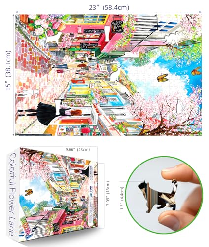Spring Cherry Blossom Street 500 Piece Jigsaw Puzzles for Adults Colorful European Scene Pink Town Jigsaw Puzzles with Letters on Back for Perfect Family Challenge Game Nights (23"X15") - color: Spring Cherry Blossom