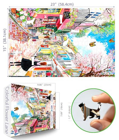 Spring Cherry Blossom Street 500 Piece Jigsaw Puzzles for Adults Colorful European Scene Pink Town Jigsaw Puzzles with Letters on Back for Perfect Family Challenge Game Nights (23"X15") - color: Spring Cherry Blossom
