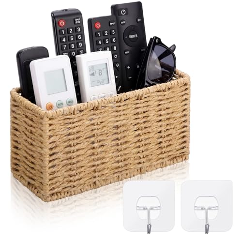 Woven Paper Rope Remote Control Holder Organizer Handmade Wall Hanging Remote Storage Basket with Hooks Boho Farmhouse Wall Organizer for Living Room Bedroom Office Dorm Decor