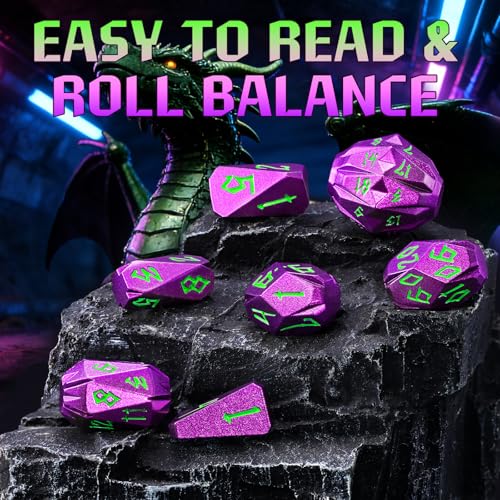 FONVGOGO Metal DND Dice Set Polyhedral for Dungeons and Dragon RPG Gift | Unique Cool Stonehenge Design,Solid D and D Dice for DND Lovers,Heavy Duty for Tabletop Role Playing Game TTRPG,Purple Green - color: S Purple Green