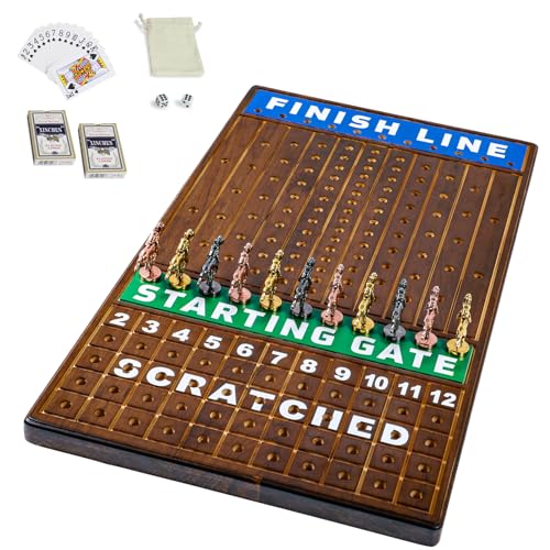 Large 21 inch Horse Race Board Game, 11 Metal Horses Cards Dice Chips | Solid Wood Board, 11 Premium Metal Horses, Includes Cards, 2 dice & 100 chips, Family Party Desktop Game for Adults (Flame) - color: Large -Burnt