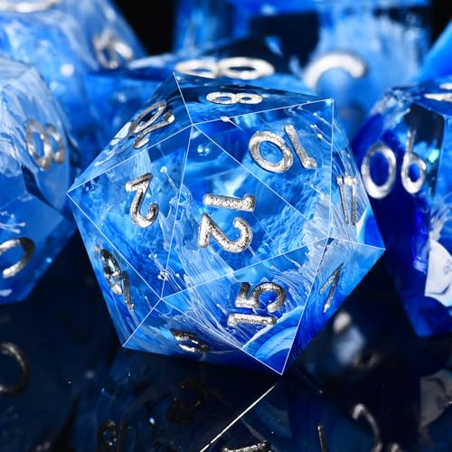 AUSTOR 7-Die DND Dice Set Handmade Sharp Edge Polyhedral Dice for Dungeons and Dragons D&D RPG MTG Table Games（Blue & Wave, Silver） - color: Blue & Wave，silver