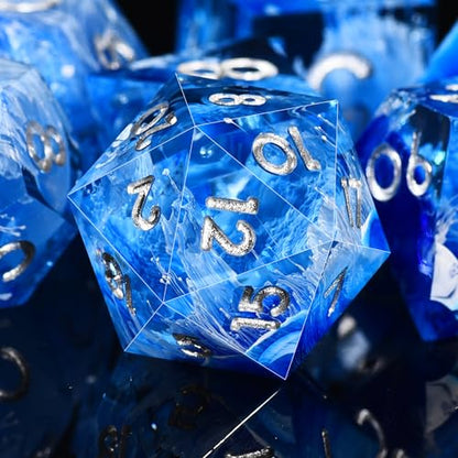 AUSTOR 7-Die DND Dice Set Handmade Sharp Edge Polyhedral Dice for Dungeons and Dragons D&D RPG MTG Table Games（Blue & Wave, Silver） - color: Blue & Wave，silver