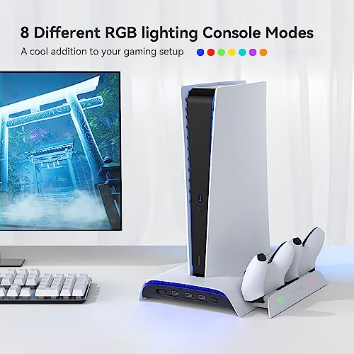 Cooling Station for PS5 Accessories, Vertical Stand with RGB for PS5 Disc & Digital Edition Console, 3-Level Cooling Fan, Dual Controller Charging Stand, Not for PS5 Slim and PS5 Pro
