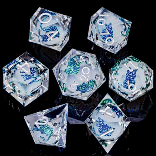 DND Cat Dice 7PCS Polyhedral Sharp Edge Dice Set with Gift Case for Dungeons Dragons Role Playing Game, RPG Resin D and D Dice D6 D8 D10 D12 D20 D% (Silvery White) - color: Colorful Cat - Silver White