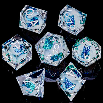 DND Cat Dice 7PCS Polyhedral Sharp Edge Dice Set with Gift Case for Dungeons Dragons Role Playing Game, RPG Resin D and D Dice D6 D8 D10 D12 D20 D% (Silvery White) - color: Colorful Cat - Silver White