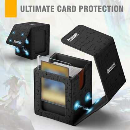 MTG Commander Deck Box with Display Window, Magnetic Closure Card Case Holds 100+ Double-Sleeved Cards, PU Leather TCG Storage Box Compatible with PTCG, Sports & Trading Cards（Black - color: Black