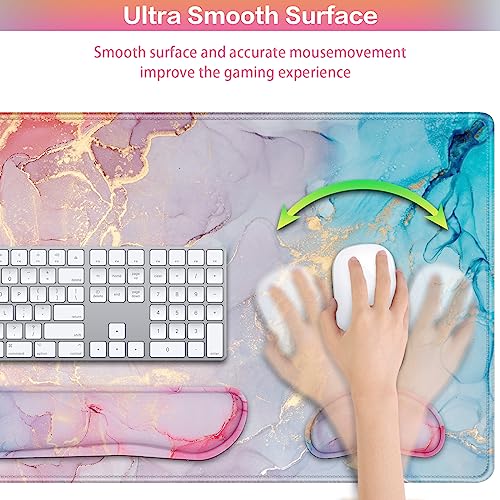 Mouse Pad Pink, Mouse Pad with Wrist Rest, 4-in-1 XXL Extended Large Desk Mat +Mousepad with Gel Wrist Support+Keyboard Wrist Rest+Coaster,Ergonomic Desk Pad for Study Gaming Home Office Computer - color: Pink Blue Marble
