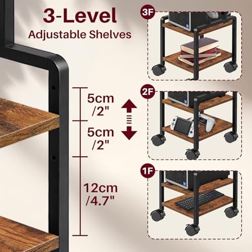 Adjustable 2-Tier PC Stand, Computer Tower Stand with 360° Locking Wheels & Hooks, CPU Cart for Floor, Carpet and Under Desk, 15.2" x 11.8" x 26", Rustic Brown - color: Rustic Brown