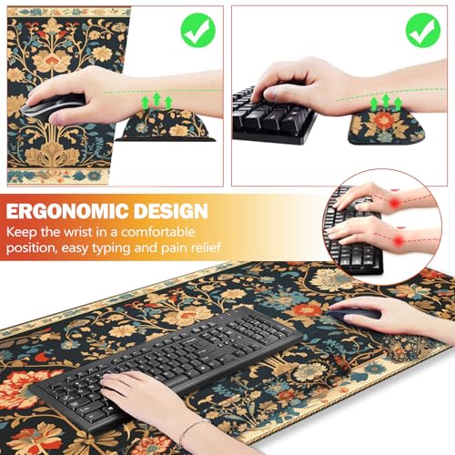 Desk Mat Set, Mouse Pad with Wrist Rest Support + Keyboard Wrist Rest + Large Mouse Pad + Coaster, Extended Gaming Mousepad Combo, Retro Flower Plant - color: Retro Flower Plant