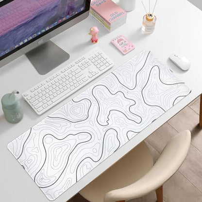 Large Gaming Mouse Pad for Desk, White Topographic Mouse Pad Desk Mat for Gaming Office, Long XL Mouse Pads Keyboard Pad Desk Pad for Computer Laptop 31.5''x11.8'' - color: White
