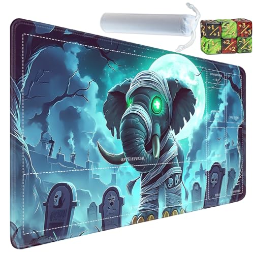 for MTG/TCG Playmat with Zones, 24 x 14 inches Trading Card Playmat with A Storage Bag and 6 Dice, Non-Lip Rubber Bottom Game Desk Mat, Mummy Elephant in The Cemetery - color: Yux-playmats-2-3A-256