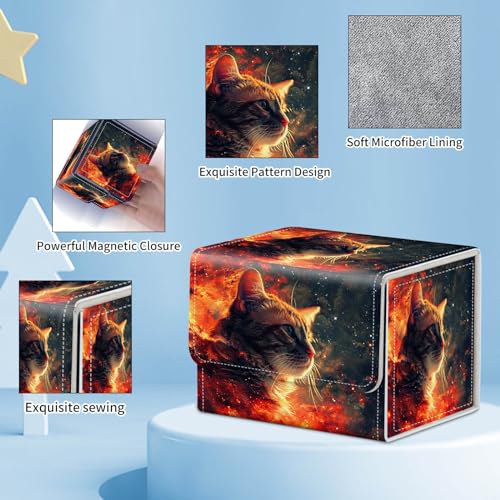 for MTG Commander Deck Box,Card Deck Box for Trading Yugioh MTG,Fits 100 Double Sleeved Cards,PU Leather Strong Magnet Case for Magic Commander TCG CCG,Fire Glitter Cat - color: Fire Glitter Cat