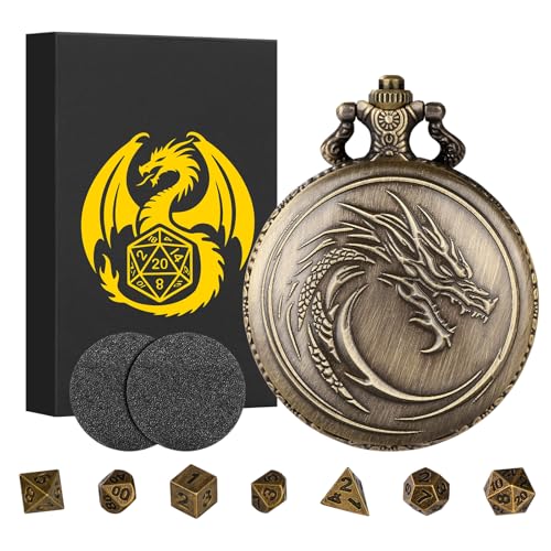 Mini DND Dice Set with Steampunk Dragon Head Totem Pocket Watch Case, Tiny 7PCS Polyhedral Metal D&D Dice, DND Gifts with Gift Box, Role Playing Game Board Game Accessories Dice, Bronze - color: Bronze
