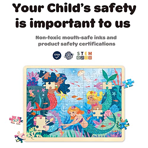 100 Piece Puzzles for Kids Ages 4-8, Wooden Puzzles for Kids Ages 3-5 with Unique Puzzle Pieces, Jigsaw Toddler Puzzle with Storage Tray Fun Mermaid - style: 100 Piece