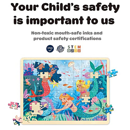 100 Piece Puzzles for Kids Ages 4-8, Wooden Puzzles for Kids Ages 3-5 with Unique Puzzle Pieces, Jigsaw Toddler Puzzle with Storage Tray Fun Mermaid - style: 100 Piece