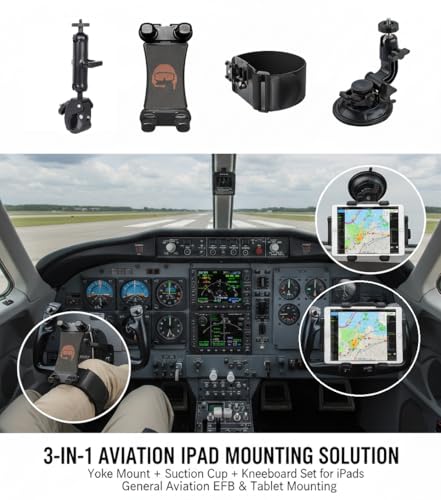 3-in-1 Aviation iPad Mount – Yoke Clamp, Suction Cup & Kneeboard Leg Strap – Airplane iPad Holder & Airplane Tablet Holder for EFB – Fits All iPad Models & Tablets 7"–12.9"