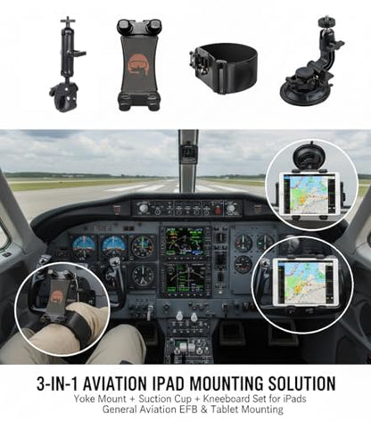 3-in-1 Aviation iPad Mount – Yoke Clamp, Suction Cup & Kneeboard Leg Strap – Airplane iPad Holder & Airplane Tablet Holder for EFB – Fits All iPad Models & Tablets 7"–12.9"