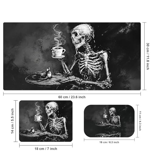 Desk Pad, Large Game Mouse Pad + Small Mouse Pad + Wrist Rest, Ergonomic Table Mat With Stitched Edge, Anti-Slip Memory Foam For Home Office Gaming (23.6x11.8in), Black Skeleton/Skull - color: Black Skeleton / Skull