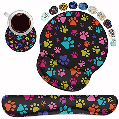 Keyboard Wrist Rest and Mouse Pad Wrist Rest Support Set with Coasters, Non-Slip PU Base for Gaming and Office, Comfortable & Lightweight for Easy Typing & Pain Relief - Colorful Dog Paw Print - color: Colorful Dog Paw Print