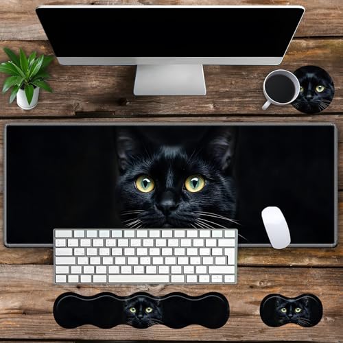 Large Gaming Mouse Pad Set with Wrist Support – 31.5" x 11.8" 4-in-1 XXL Mousepad with Keyboard Wrist Rest, Mouse Wrist Rest & Coaster – Ergonomic Desk Mat for Office, Home – Black Cat - color: Black Cat