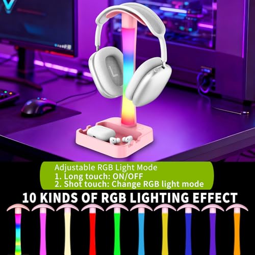 Headphone Stand with Charger,Gaming Headset stand with RGB Light Mode,For Airpod Max Stand,Desk Lamp,Phone Holder,Tablet Holder,desktop organizer,Gifts for Gamers & Music Lover (Pink) - color: Pink
