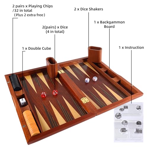 Offelec Wooden Backgammon Set for Kids, 13 Inches Backgammon Board Game Set with 32 Backgammon Pieces, 5 Dice & 2 Cups - Classic Strategy Game for Kids Adults and Family - color: 13 Inch Family Backgammon