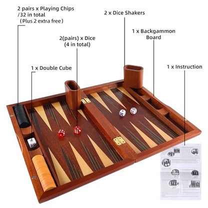 Offelec Wooden Backgammon Set for Kids, 13 Inches Backgammon Board Game Set with 32 Backgammon Pieces, 5 Dice & 2 Cups - Classic Strategy Game for Kids Adults and Family - color: 13 Inch Family Backgammon