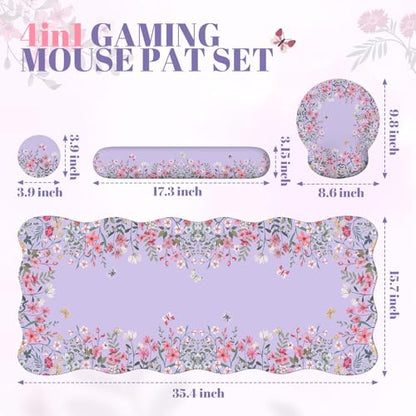 iCasso Desk Mat Set,Large Mouse Pad with Wrist Rest,Ergonomic Keyboard Wrist Support for Women,Girly Floral Computer Mat with Scalloped Edges,Non-Slip Desk Pad Home Office Gaming (Purple) - color: Purple