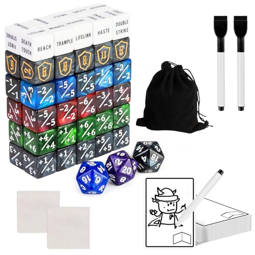 115-Piece MTG Dice Set with Dry Erase Tokens Kit Includes 63 Counters and 50 Tokens for MTG, TCG Cards Game Accessories with 2 Markers 2 Cloths