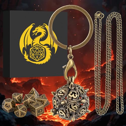 Mini DND Dice Set with D20 Spike Metal Cage Portable Keychain Necklace, Tiny 7pcs Polyhedral D&D Dice Set, DND Gifts with Gift Box, D&D Accessories for RPG, Bronze - color: Bronze